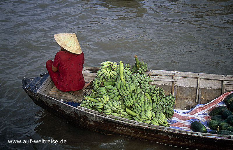 Vietnam, Mekong, Delta, Südostasien, Asien, Boot, schwimmender Markt, Frau, Bananen, Ladung